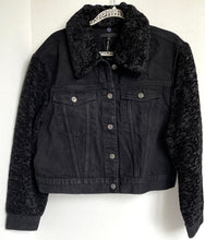 Load image into Gallery viewer, 7 For All Mankind Denim Jacket Womens Black Crop Faux Shearling Fur Collar Arms