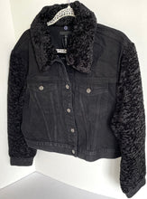Load image into Gallery viewer, 7 For All Mankind Denim Jacket Womens Black Crop Faux Shearling Fur Collar Arms