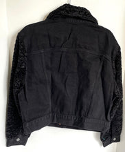 Load image into Gallery viewer, 7 For All Mankind Denim Jacket Womens Black Crop Faux Shearling Fur Collar Arms
