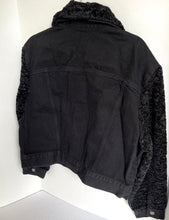 Load image into Gallery viewer, 7 For All Mankind Denim Jacket Womens Black Crop Faux Shearling Fur Collar Arms