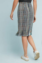 Load image into Gallery viewer, Anthropologie Skirt Womens Blue Pencil Striped Tweed Fringed Hem Knee Length