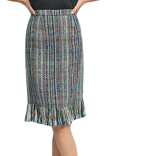 Anthropologie Skirt Womens Blue Pencil Striped Tweed Fringed Hem Knee Length