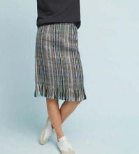Load image into Gallery viewer, Anthropologie Skirt Womens Blue Pencil Striped Tweed Fringed Hem Knee Length