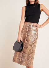 Load image into Gallery viewer, Anthropologie Women's Snake-Print Brown Vegan Faux Leather Pencil Skirt