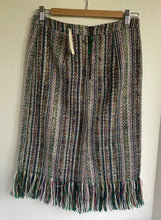 Load image into Gallery viewer, Anthropologie Tweed Skirt Blue Pencil Striped Fringed Hem Knee Length Lined