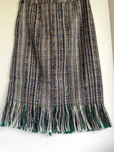 Load image into Gallery viewer, Anthropologie Tweed Skirt Blue Pencil Striped Fringed Hem Knee Length Lined