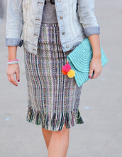 Load image into Gallery viewer, Anthropologie Tweed Skirt Blue Pencil Striped Fringed Hem Knee Length Lined