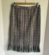 Load image into Gallery viewer, Anthropologie Tweed Skirt Blue Pencil Striped Fringed Hem Knee Length Lined