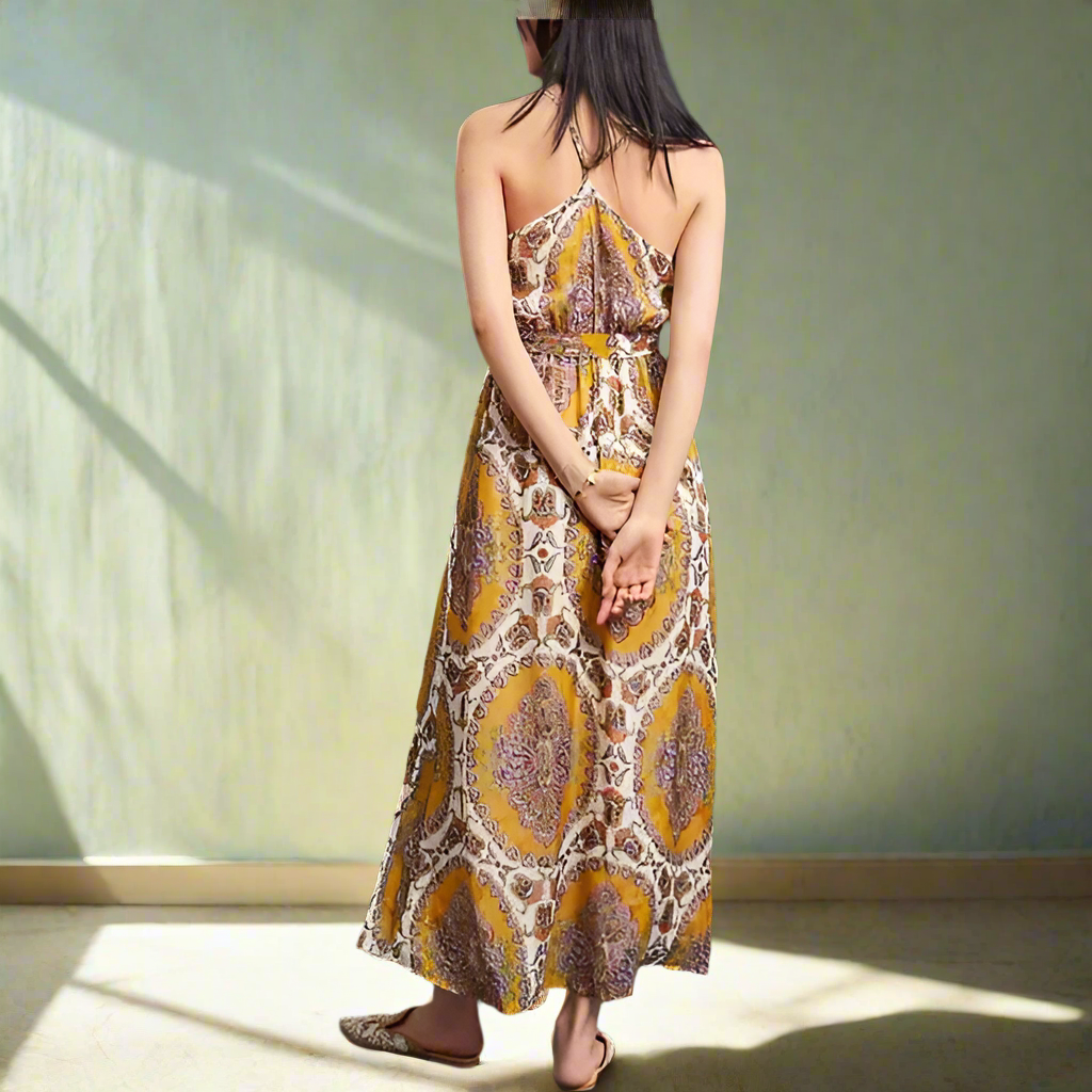 Anthropologie Dress Large Womens Yellow Maxi Halter Neck Gold Chiffon Belted Anthropologie Dress Large Womens Yellow Maxi Halter Neck Gold Chiffon Belted