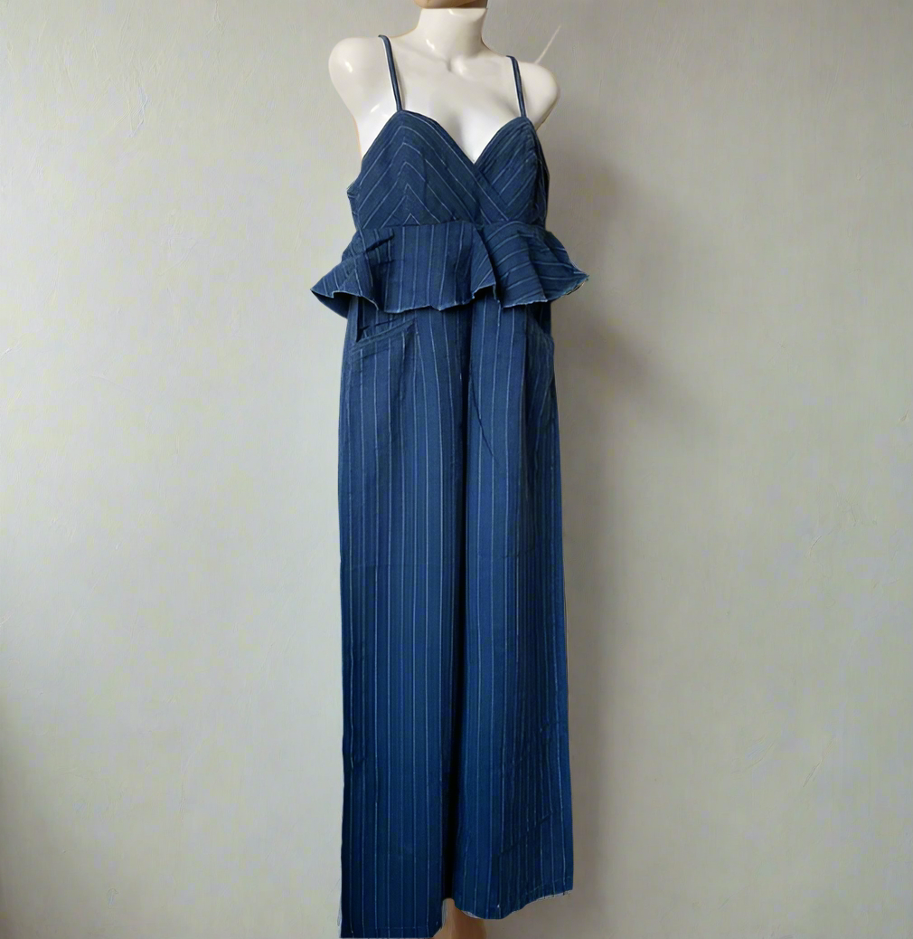 Anthropologie Jumpsuit Womens Blue Denim Sleeveless Peplum Ruffled Striped S / Regular