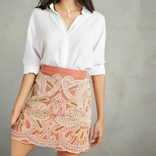 Load image into Gallery viewer, Anthropologie Skirt Mini Womens 4 Pink Cotton Beaded Embroidered Scallop Hem