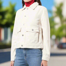 Load image into Gallery viewer, Anthropologie Corduroy Trucker Jacket Womens Large Off White Cropped 90s AG