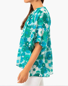 Antik Batik Shirt Womens Medium Blue Short Flutter Sleeve Floral Cotton Tunic Top