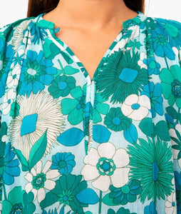 Antik Batik Shirt Womens Medium Blue Short Flutter Sleeve Floral Cotton Tunic Top