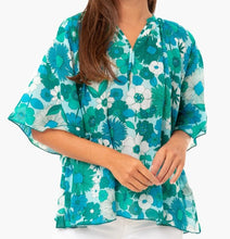 Load image into Gallery viewer, Antik Batik Shirt Womens Medium Blue Short Flutter Sleeve Floral Cotton Tunic Top