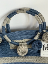Load image into Gallery viewer, BTB Los Angeles Beach Tote Large Blue Striped Pompom Straw Beach Bag