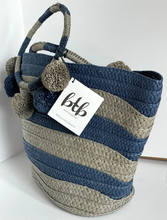 Load image into Gallery viewer, BTB Los Angeles Tote Womens Large Blue Striped Pompom Straw Beach Bag