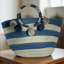 Load image into Gallery viewer, BTB Los Angeles Beach Tote Large Blue Striped Pompom Straw Bag