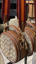 Load image into Gallery viewer, Coach Canteen Crossbody CO986 Brown Leather Signature Jacquard Round ORG PKG