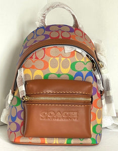 Coach Charter Backpack 18 Small Rainbow Signature Canvas Brown Leather ORG PKG