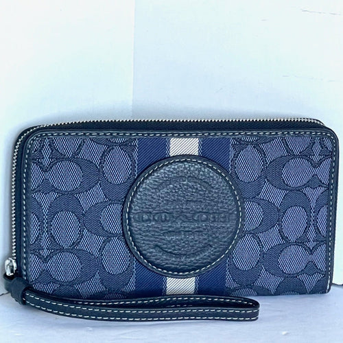 Coach Dempsey Large Phone Wallet C9073 Blue Signature Jacquard Stripe Patch