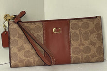 Load image into Gallery viewer, Coach Double Zip Wallet Wristlet Brown Leather Signature Canvas Slim CC965