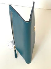 Load image into Gallery viewer, Teal leather wallet with gold zipper on a white background