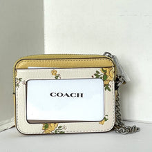 Load image into Gallery viewer, Coach Floral Zip Card Case CAU44 ID Wallet Yellow Leather Chain Strap ORGPKG