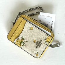 Load image into Gallery viewer, Coach Floral Zip Card Case CAU44 ID Wallet Yellow Leather Chain Strap ORGPKG