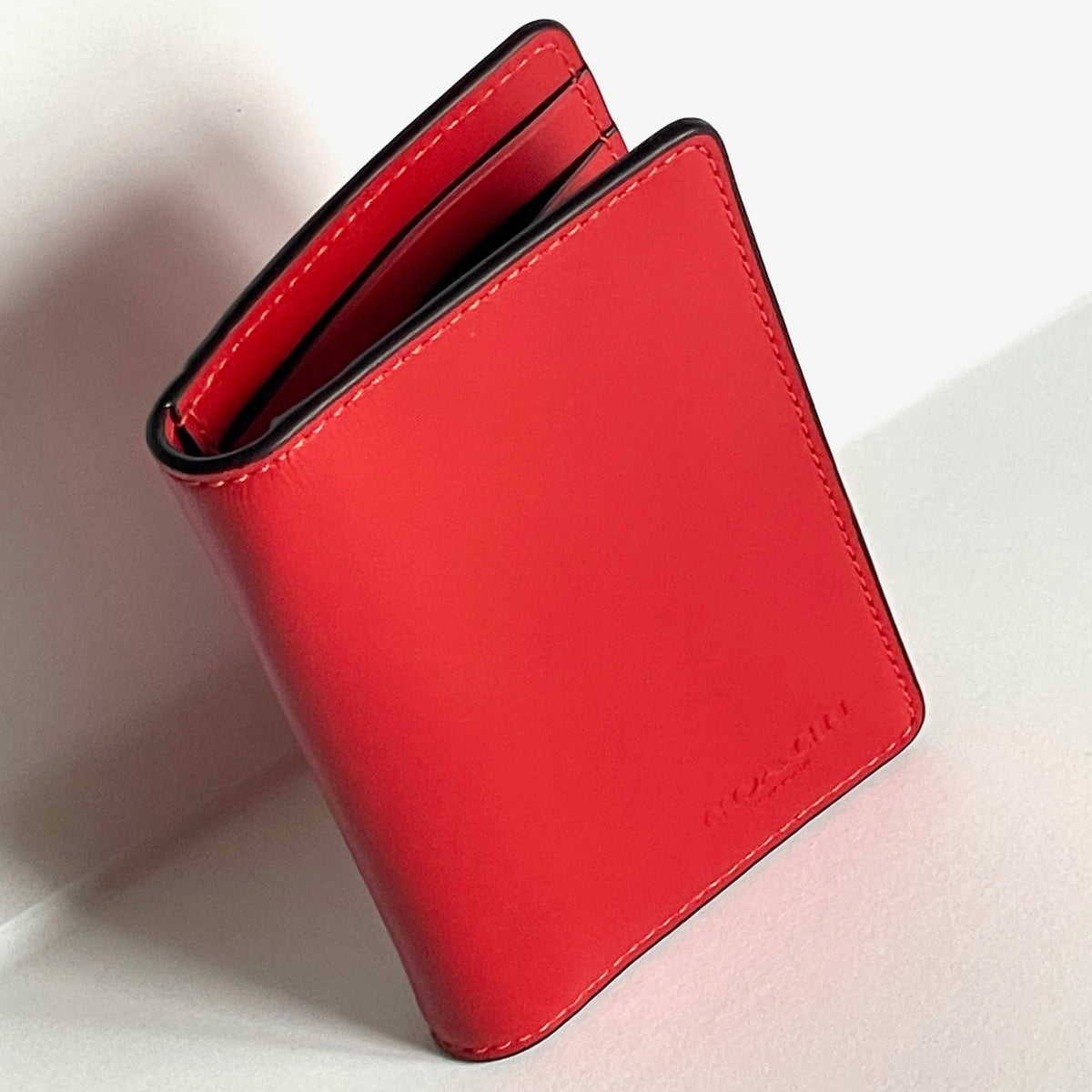 Coach ID Wallet Mens Red Poppy Bifold Slim Calf Leather Card Case CJ72 Luxe Fashion Finds