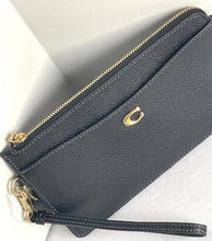 Load image into Gallery viewer, Coach L Zip Wristlet Womens Black Leather Zip Wallet Slim Pebbled Card Slots