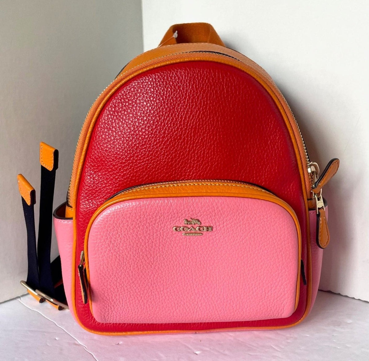 coach court backpack colorblock Coach Mini Court Backpack Colorblock Leather Small Bag Red Pink Orange – Luxe Fashion Finds