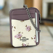 Load image into Gallery viewer, Coach Pink Floral Zip Card Case CAU43 ID Wallet Lilac Leather Chain Strap ORGPKG