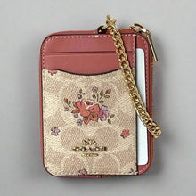Load image into Gallery viewer, Coach Pink Floral Zip Card Case CAU45 ID Wallet Beige Leather Chain Strap ORGPKG