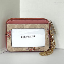 Load image into Gallery viewer, Coach Pink Floral Zip Card Case CAU45 ID Wallet Beige Leather Chain Strap ORGPKG