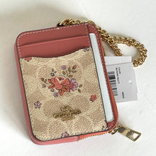 Load image into Gallery viewer, Coach Pink Floral Zip Card Case CAU45 ID Wallet Beige Leather Chain Strap ORGPKG