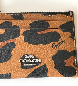 Coach Wallet Womens Brown Leopard ID Mini Keyring Coated Canvas Leather