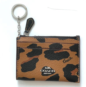 Coach Wallet Womens Brown Leopard ID Mini Keyring Coated Canvas Leather