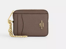 Load image into Gallery viewer, Coach Zip Card Case 6303 ID Wallet Dark Stone Pebbled Leather Chain Strap