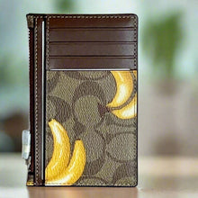 Load image into Gallery viewer, CoachZipCardCaseCR410SignatureCanvasBananaPrintLeatherBrownWallet_3