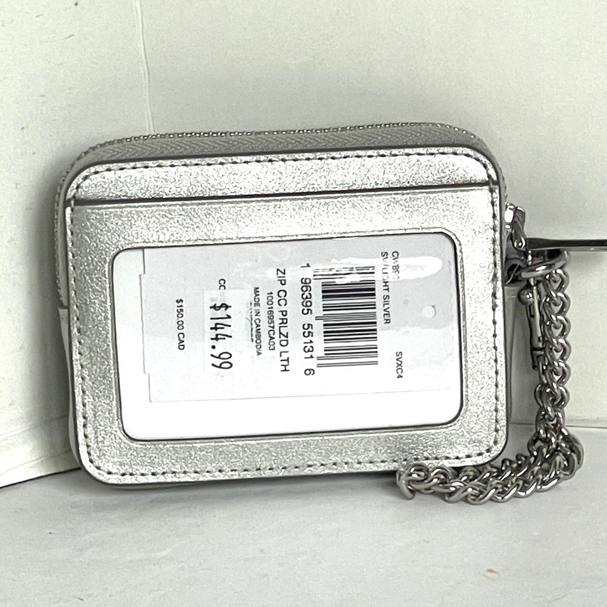 Coach Zip Card Case CW890 ID Wallet Silver Smooth Leather Chain