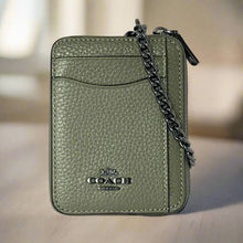 Load image into Gallery viewer, CoachZipCardCaseIDWalletPebbledLeather6303MiniChainStrap-Green