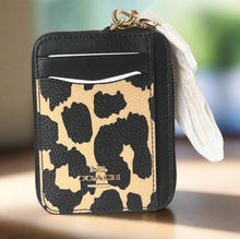 Load image into Gallery viewer, Coach Zip Card Case Leopard ID Wallet Brown Leather Canvas Chain Strap CW884