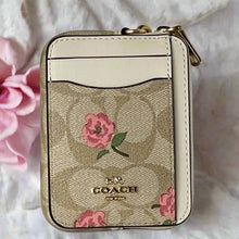 Load image into Gallery viewer, Coach Zip Card Case Pink Floral CR971 ID Wallet Beige Canvas Leather Chain Strap
