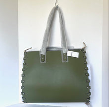 Load image into Gallery viewer, Green handbag with studded details on a white background