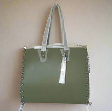 Load image into Gallery viewer, Green tote bag with gray handle and studded details on a white background