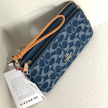 Load image into Gallery viewer, Coach Double Zip Phone Wallet Blue Signature Denim CZ321 Wristlet Leather