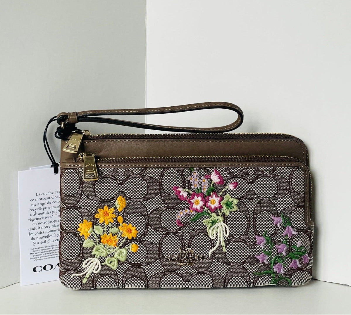 Coach Double Zip Wristlet Signature Jacquard Leather Floral 