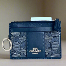 Load image into Gallery viewer, Coach Jacquard Mini Skinny ID Wallet CU988 Blue Keyring Refined Leather