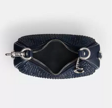 Load image into Gallery viewer, Navy blue textured pouch with silver zippers on a white background